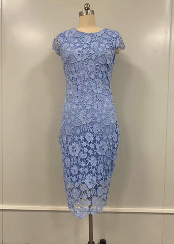 Fashion Blue O-Neck Floral Lace Maxi Dresses Sleeveless