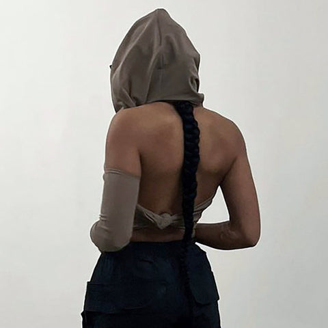 Cutenova Pile Collar Backless Streetwear Women T-shirts One-sleeve Hooded Vintage Solid Crop Tops Slim Casual Fashion Clothing