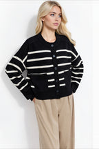 Crew Neck Striped Button Pocket Knit Cardigan