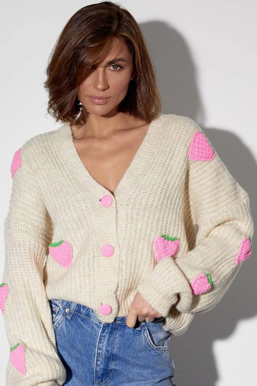 Strawberry Appliqué Chunky Knit Sweater