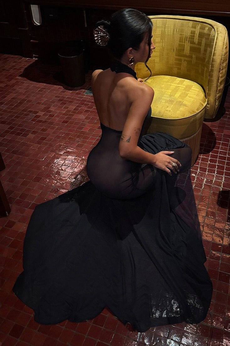 Halter Cutout Back Mesh Sheer Slim Maxi Dress