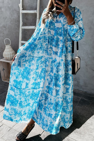 Vestido largo de manga larga con cuello en V y estampado floral 