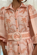 Linen Puff Sleeve Belt Loose Boho Dress