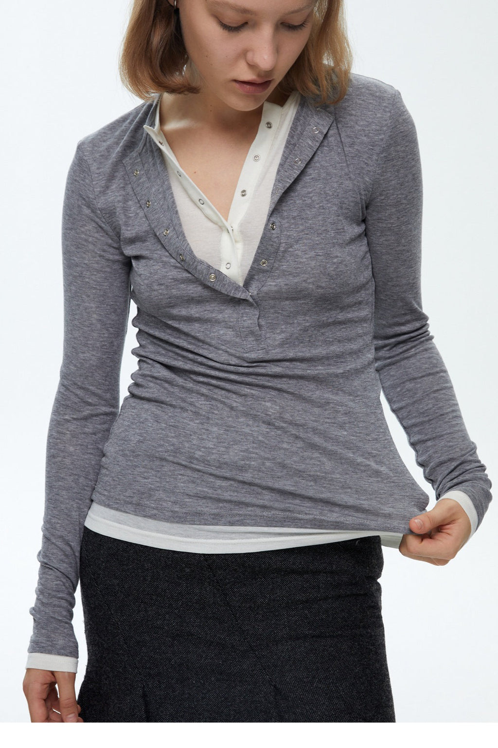 Button Detail Layered Long Sleeve Knit Top
