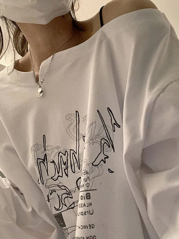 Y2K T-shirt Fairy Grunge 2024 Vintage Letter Print Tops Black Autumn Off Shoulder Long Sleeved Korean Tees Loose Harajuku Shirt