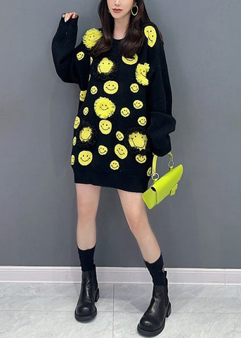 Schwarzer Patchwork-Strickpullover, mittellanges Kleid mit Rüschen, O-Ausschnitt, Herbst 