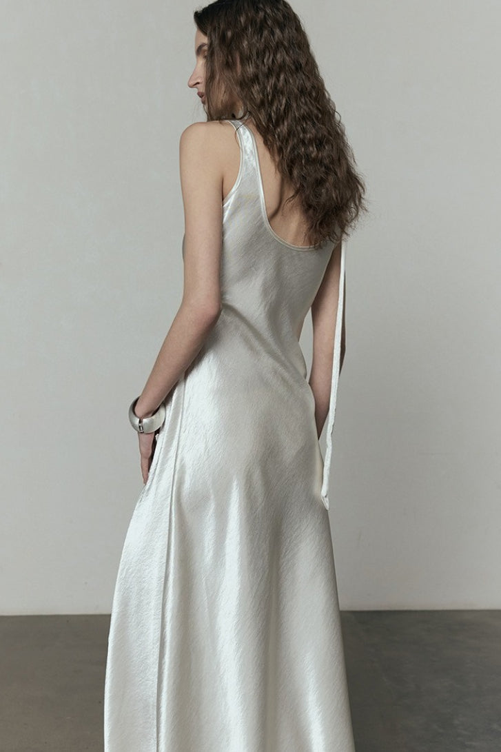 Simple Solid Satin V Neck Loose Maxi Dress