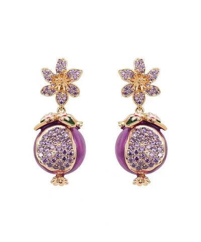 Boutique Purple Copper Zircon Drip Glaze Pomegranate Flower Drop Earrings