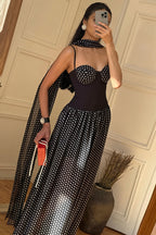 Strapless Cutout Back Ribbon Dot Print Cami Maxi Dress