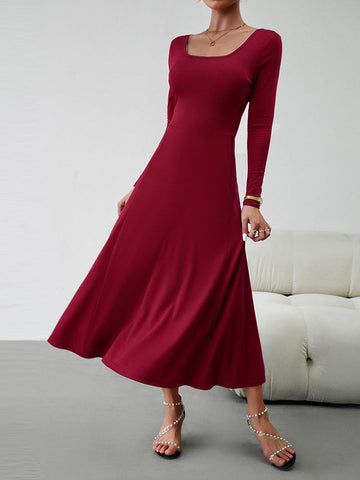 Vestidos midi de corte A, cintura alta, color liso, cintura anudada y cuello en U 