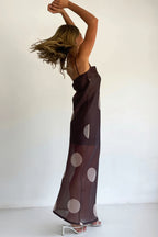 Elegant Polka Dot Strapless Sheer Slim Maxi Dress