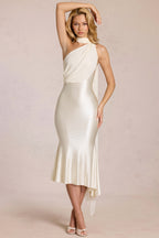 One Shoulder Mesh Satin Maxi Dress