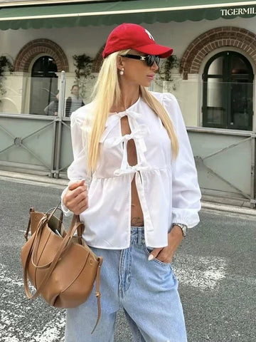 Vintage Puff Sleeve Bow Button Blouse