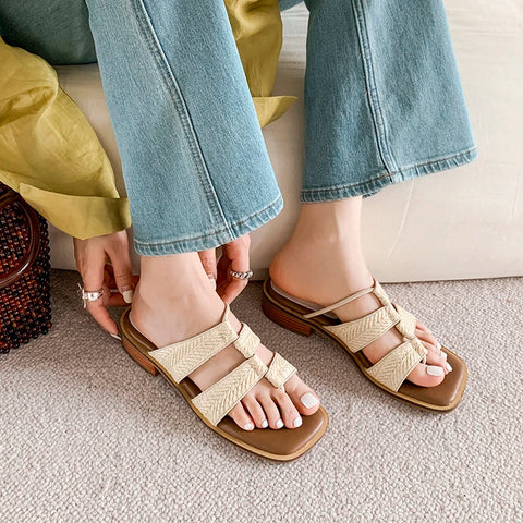 Zapatillas de verano para mujer, tipo mules, con punta abierta y tacón medio, modernas, estilo gladiador. 