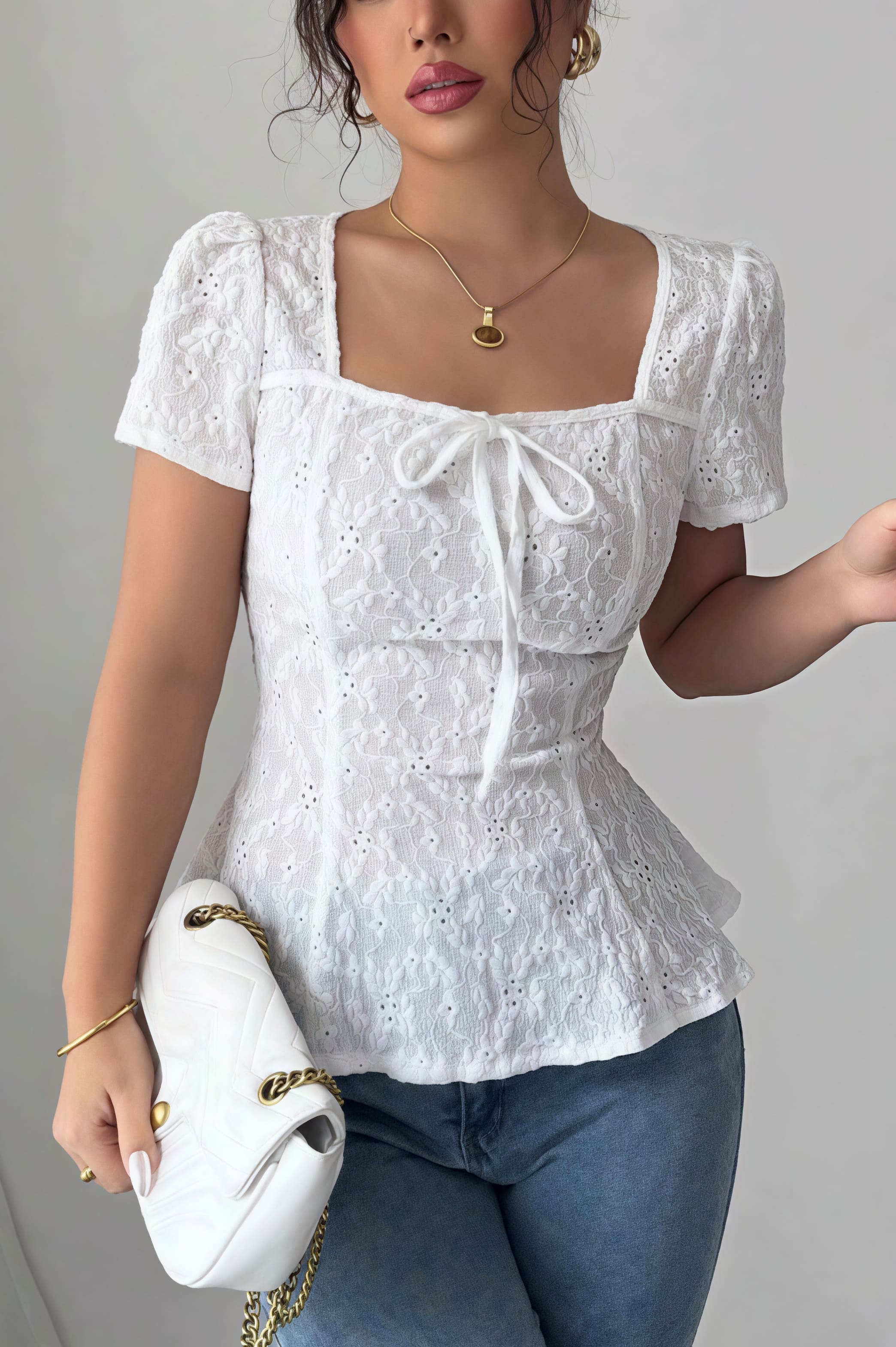 Square Neck Bow Lace Short Sleeve Blouse