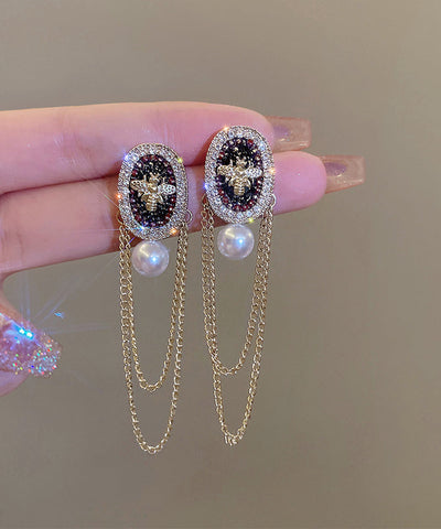 Pendientes colgantes con borlas de circonitas, cristales y perlas de aleación de oro a la moda 
