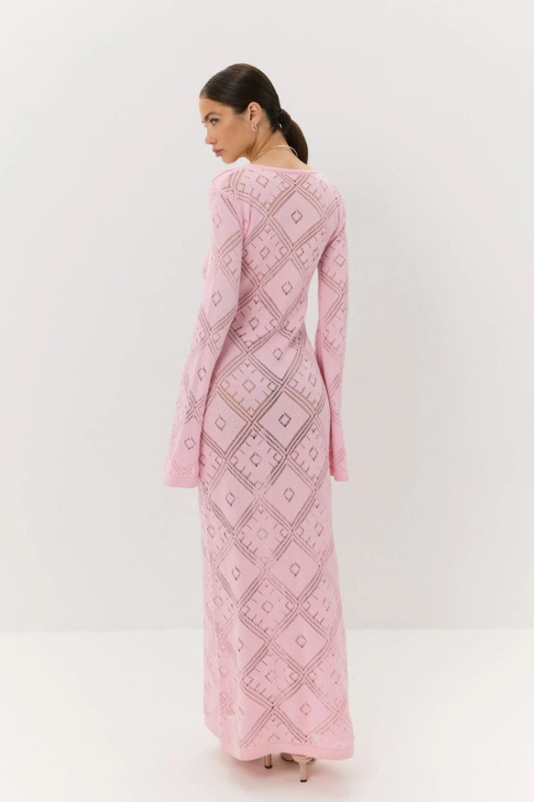 Knit Argyle Jacquard Long Sleeve Maxi Dress