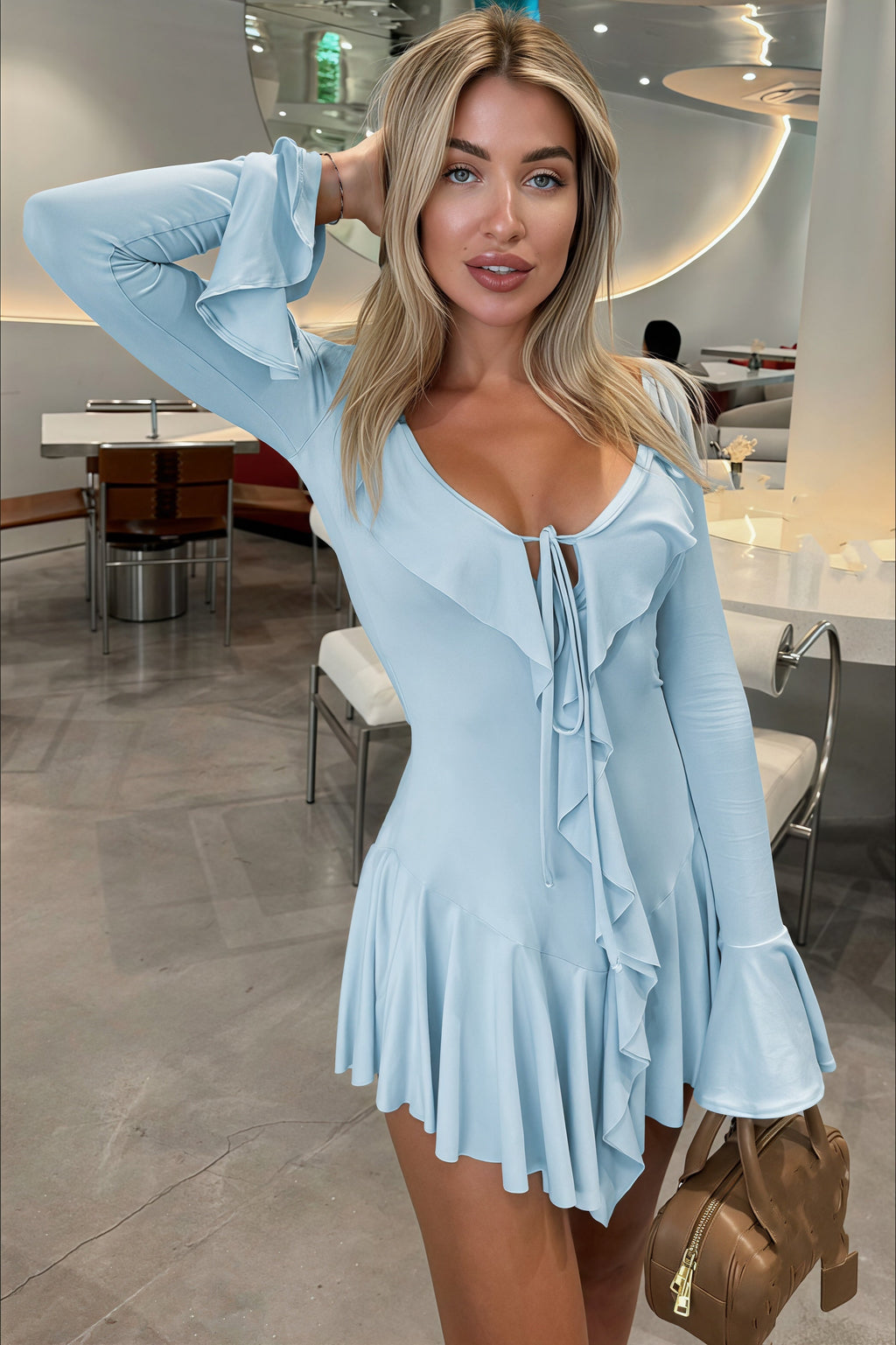 Fresh Plunging Neckline Bell Sleeve Ruffle Lace-up Mini Dress