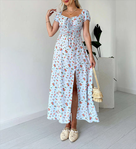 Vestido midi fruncido con estampado floral 