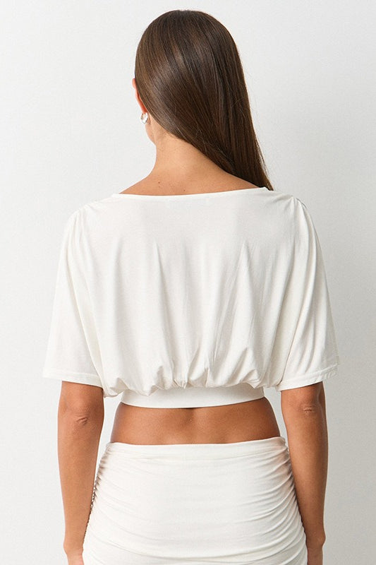 Deep V Ruched Batwing Cropped Blouse