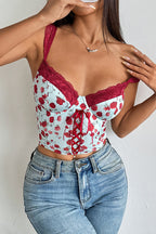 Rose Print Lace Bustier Tie Slim Cami Top