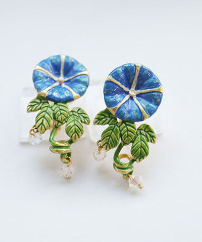 Beautiful Gold Morning Glory Handmade Painting Copper Stud Earrings