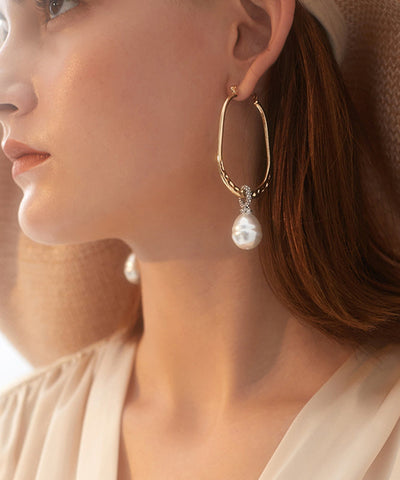 Pendientes de aro con perla y circonitas de aleación de plata esterlina y oro de moda 