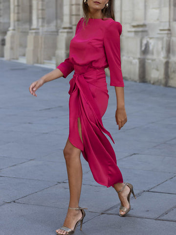 Vestidos midi holgados de color liso con escote redondo y abertura lateral 