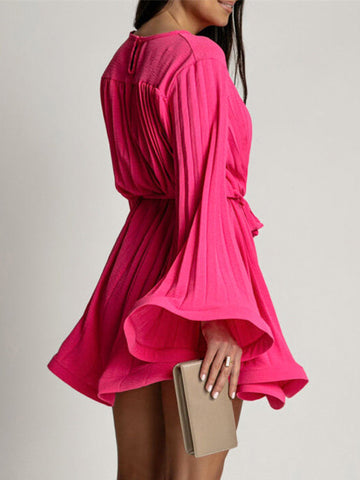 Skater Dresses Jewel Neck Long Sleeves Lace Up Chic Flared Dress Mini Dresses