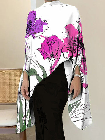 Batwing Sleeves Loose Flower Print Zipper Mock Neck Blouses&shirts Tops