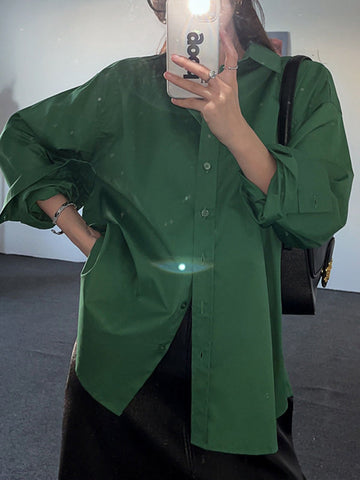 Long Sleeves Loose Pleated Solid Color Split-Joint Lapel Blouses