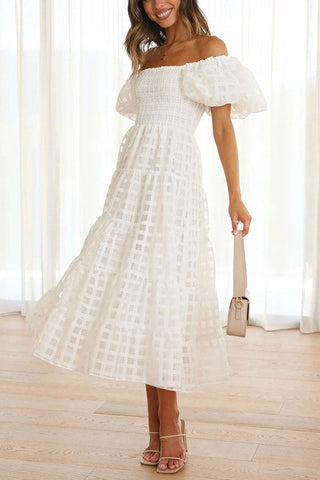 Vestido midi con mangas abullonadas y fruncido de tela con estampado cuadrado Dare To Dance 