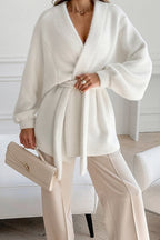 White Fuzzy Tie Waist Mid-Length Relaxed Cardigan
