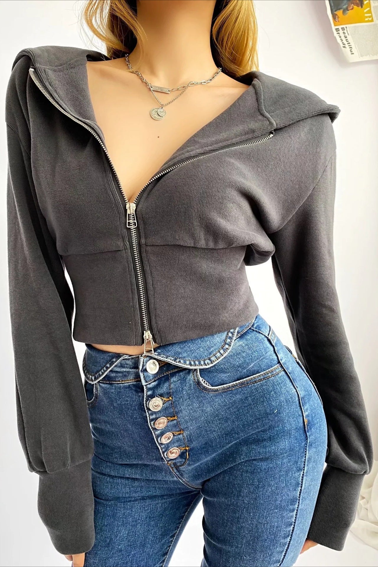 Solid Dual Zipper Slim Cropped Hoodie