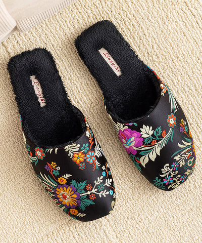 Retro Grün Satin Stickerei Hausschuhe Schuhe Fuzzy Wolle Gefüttert 