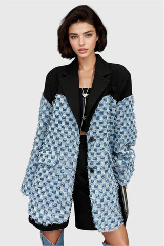 Contrast Color Denim Checks Blazer