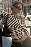 Striped One Shoulder Slim T-shirt