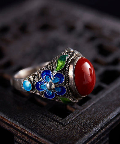 Retro-Ringe aus rotem Sterlingsilber mit Achat und Cloisonné 