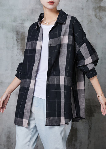 Boho Schwarz Oversized Plaid Baumwollhemd Tops Frühling 