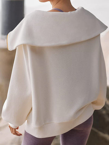 Long Sleeves Loose Solid Color Zipper Lapel Sweatshirt Tops