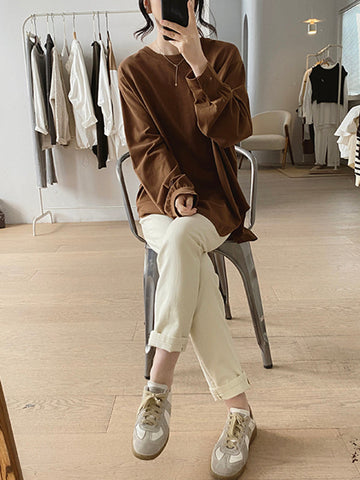 Long Sleeves Loose Solid Color Round-Neck T-Shirts Tops