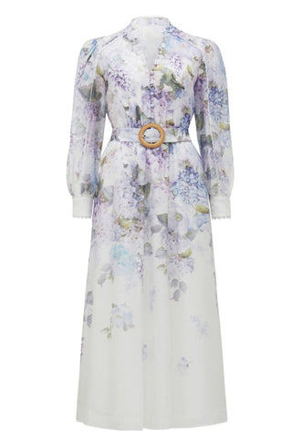 Langärmliges Maxikleid mit Spitzenblumenmuster und Knöpfen und Gürtel 