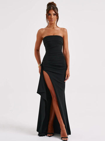 Off The Shoulder Maxi Dress Ruffles Pleated High Cut Prom Dresses