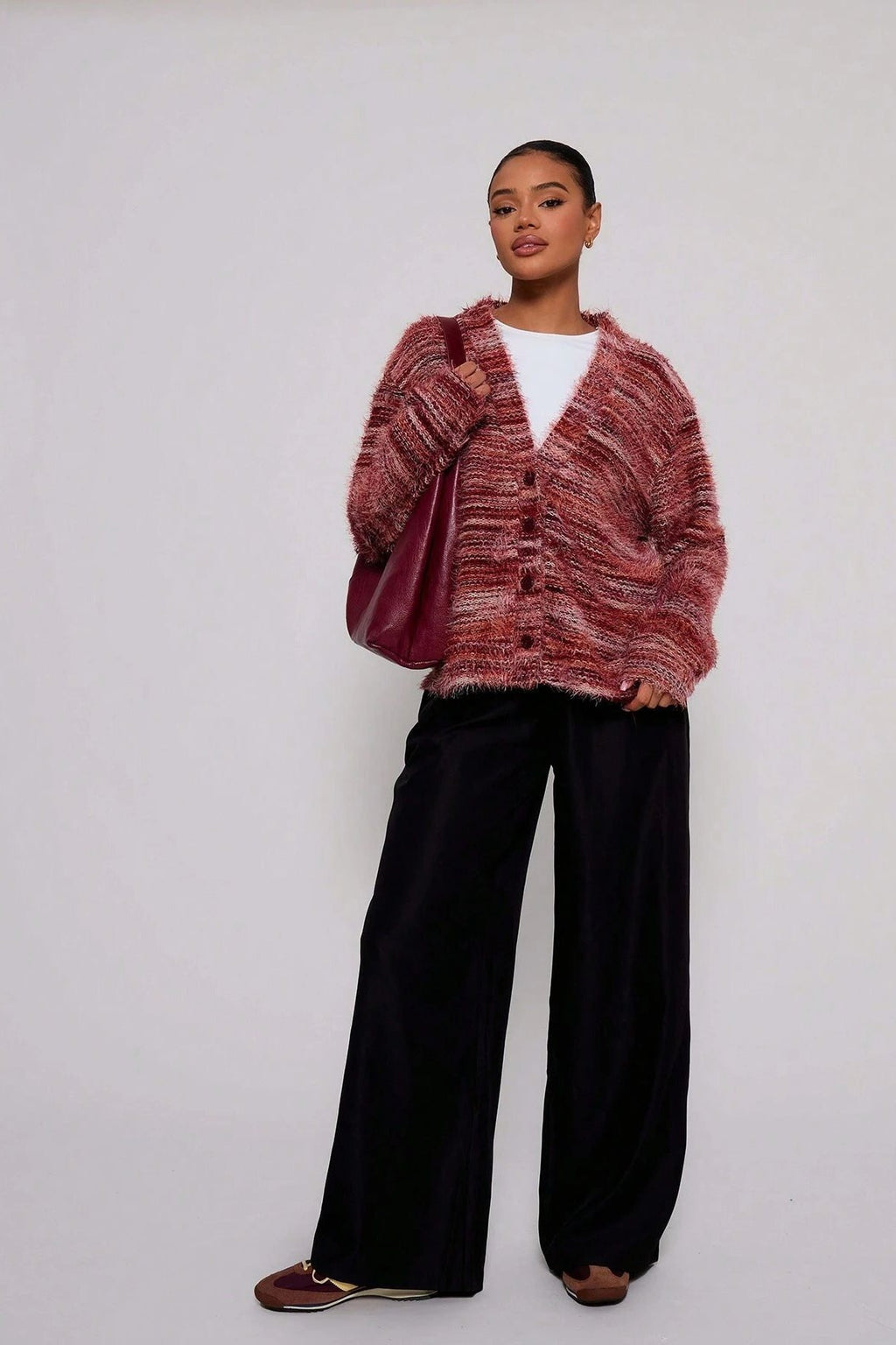 New Retro Fashion Deep V-Neck Maillard Plush Long-Sleeve Knit Cardigan