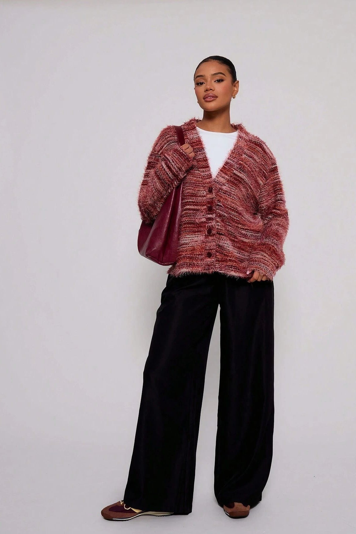 New Retro Fashion Deep V-Neck Maillard Plush Long-Sleeve Knit Cardigan