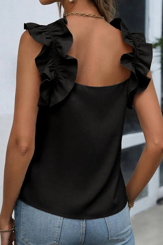 chic black ruffle trim tank