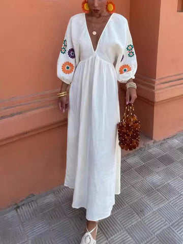 Rückenfreies Maxikleid mit Blumendruck im Graffiti-Stil, V-Ausschnitt und Laternenärmeln 