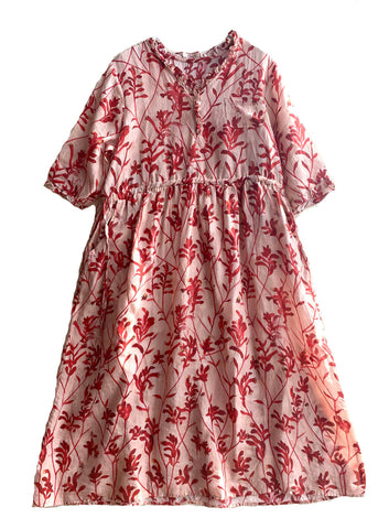 Vestido de fiesta de lino con estampado de volantes rojos, manga corta, hecho a mano 