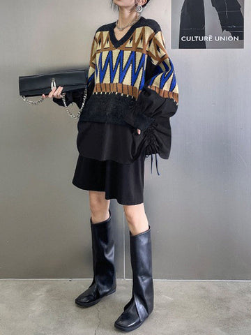 False Two Long Sleeves Drawstring Split-Joint V-Neck Sweater