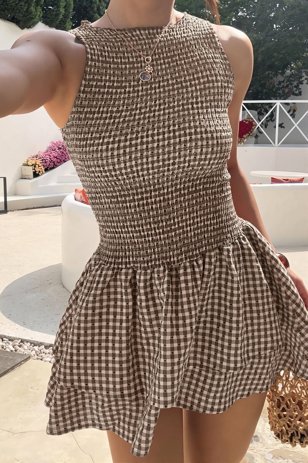 Plaid Smocked Sleeveless Flared Mini Dress
